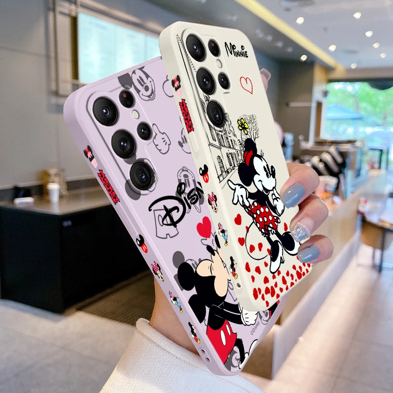 Disney Minnie Mickey różowa płynna lewa lina do Samsung Galaxy S23 S22 S21 S20 FE S10 Ultra Plus Lite 5G etui na telefon