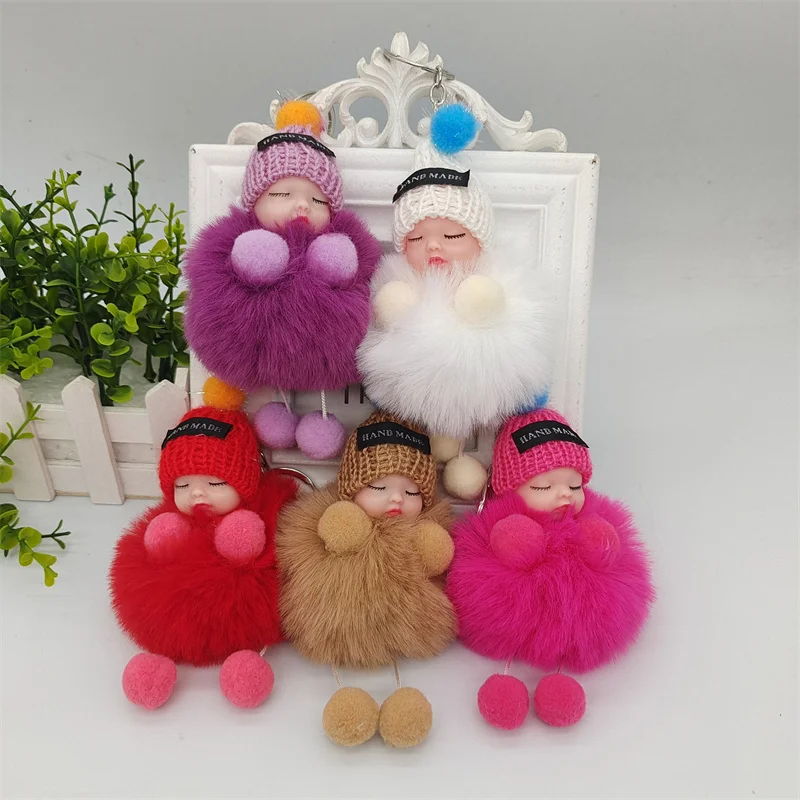 Cute Colorful Pompom Sleeping Baby Plush Doll Keychains Bags Hangings Decoration Gift