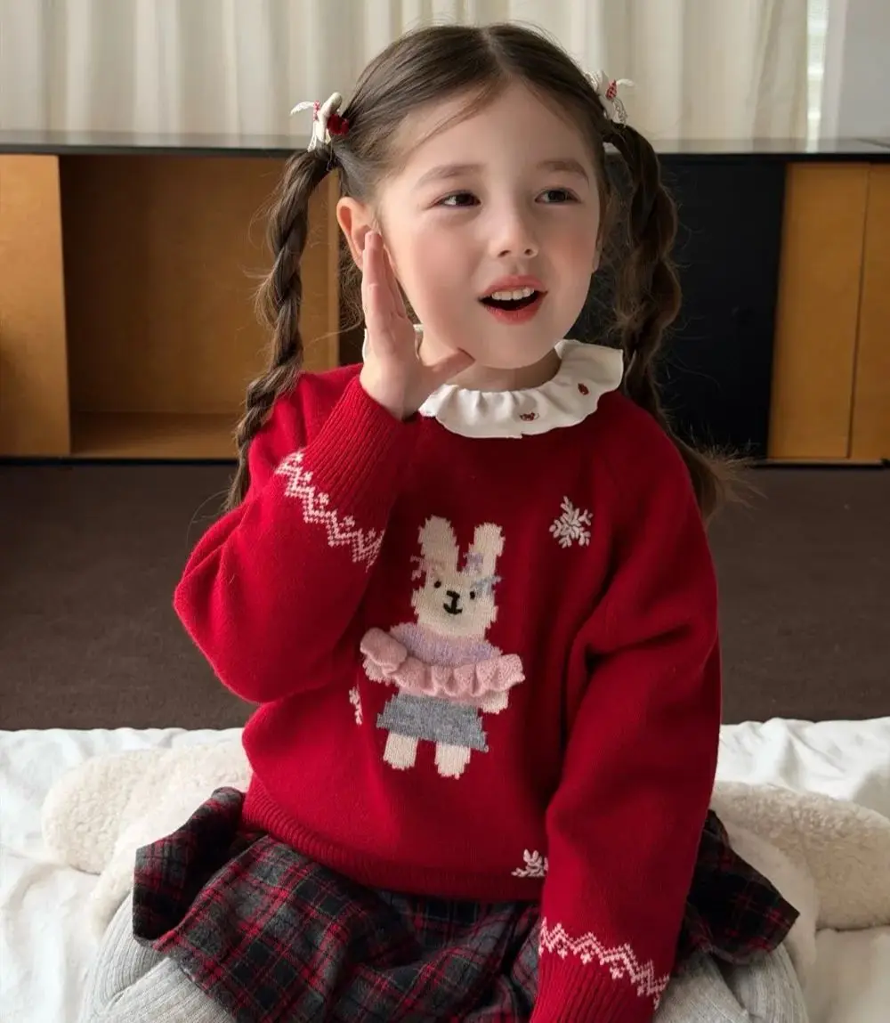 

baby sweaters kids girls clothes 100% wool girl cartoon sweater Cute girl's red soft and warm sweater