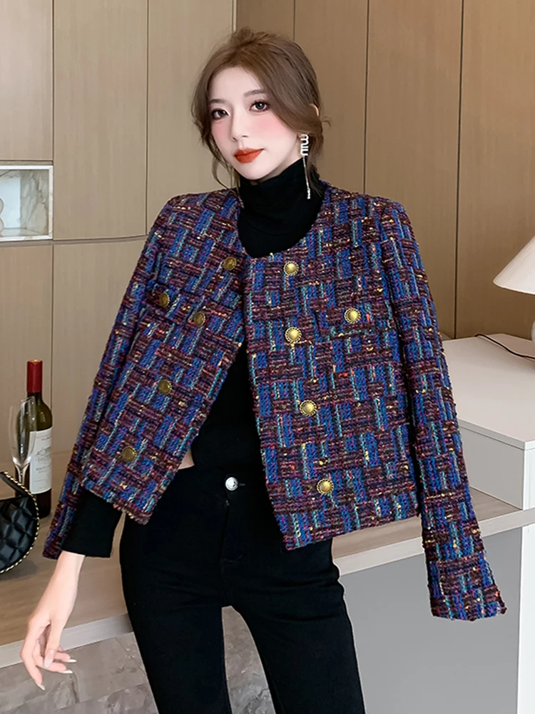 High Quality Elegant Weave Plaid Tweed Jacket Coat Women Blazer Autumn Winter Causal Office Ladies Fashion Suit Jacket