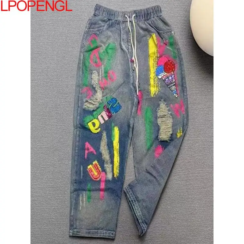 Heavy Industry Personalized Sequin Letter Elastic Waist Jeans For Women 2025 High Waist Denim Graffiti Print Harem Pants