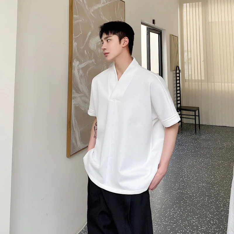 

Летняя тонкая футболка с V-образным вырезом, мужская, новая, в китайском стиле, повседневная, универсальная, свободного кроя, молодежная, трендовая футболка