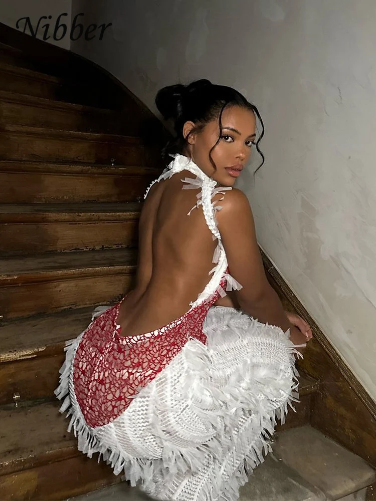 Nibber vestido sexy sem costas para mulheres, chic, com borlas curtas, sem mangas, contraste, moda, festa de aniversário, maxi, bodycon