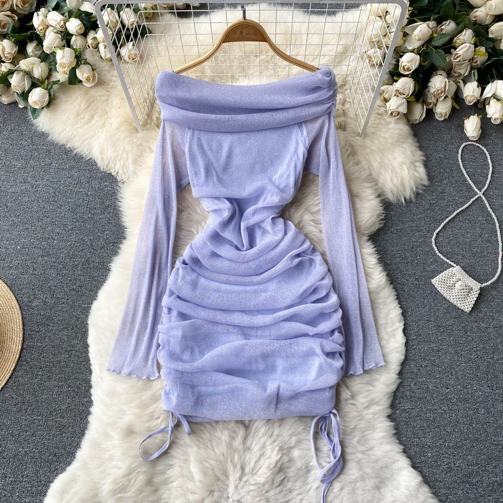 Sexy Off Shoulder Bodycon Mini Dress Women Fashion Spring Slash Neck Long Sleeve Shinny Mesh Drawstring Ruched Club Party Dress