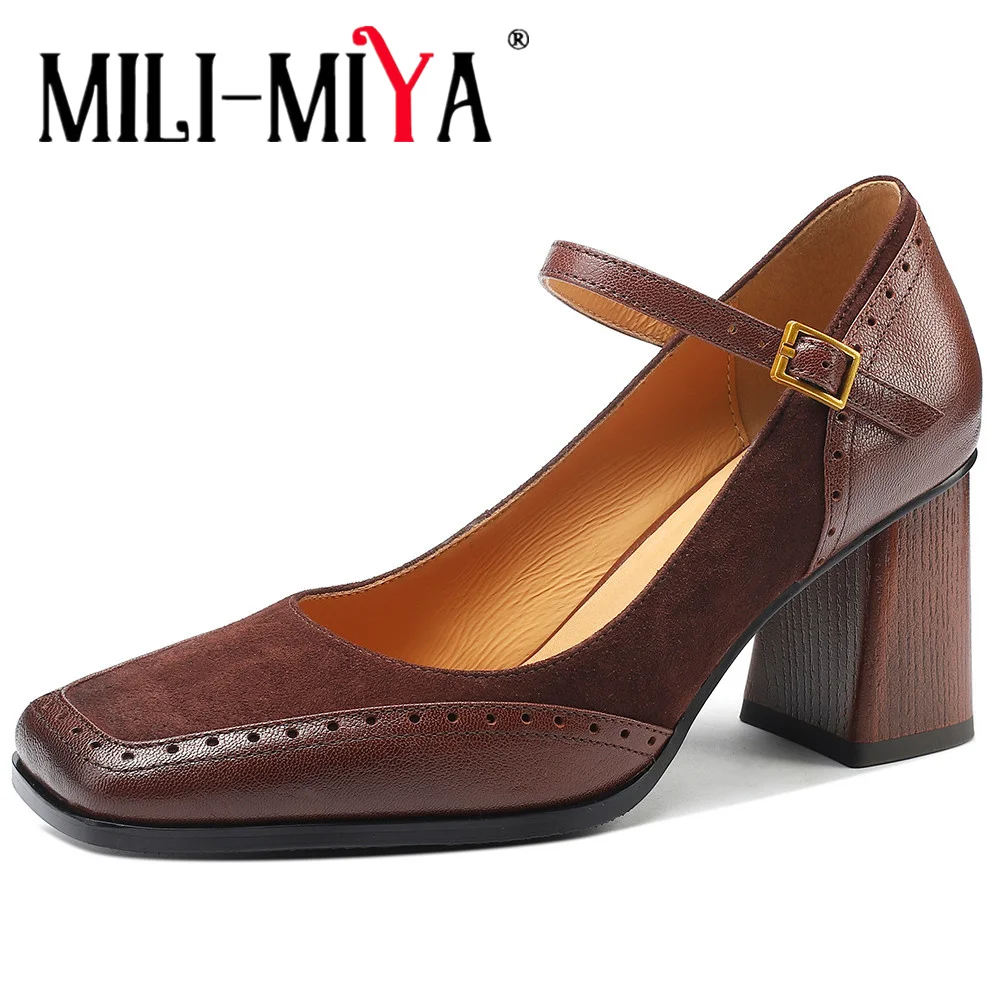 

MILI-MIYA Square Toe Women Sheep Skin&Kid Suede Splicing Pumps Thick Heels Buckle Strap Solid Color Dress Party Shoes Handmade