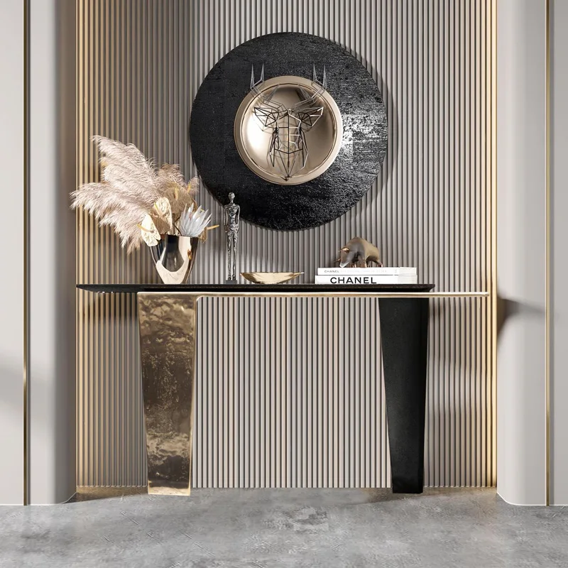 

Light luxury modern style solid wood porch table Entry foyer Wall decorative cabinet New Chinese stainless steel strip case end