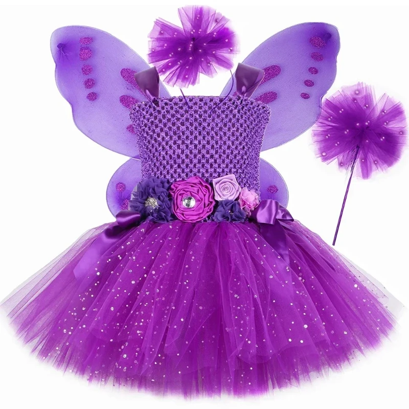

Glitter Purple Flower Fairy Costume for Girls Halloween Carnival Dress Up Toddler Kids Tutu Princess Dress with Butterfly Wings