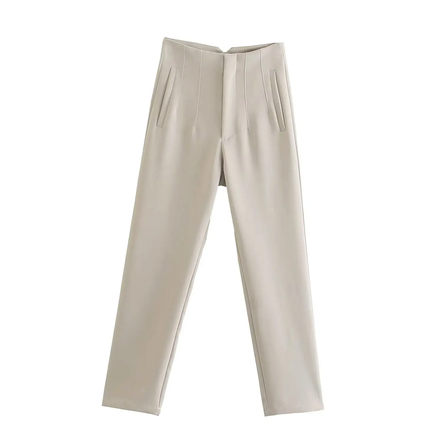 Straight Leg Pants High Waist Full Length Vintage Trousers for Women - Light Khaki