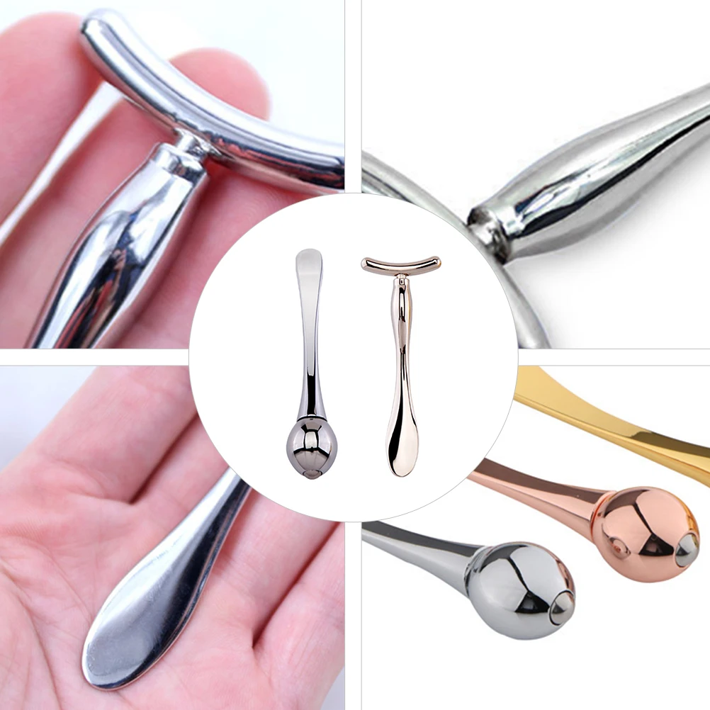 1 مجموعة كريم عين العصي T-شكل أداة تدليك الوجه مزدوجة نهاية المحمولة ملعقة معدنية للعناية بالبشرة روتين العين عصا قناع الوجه #5