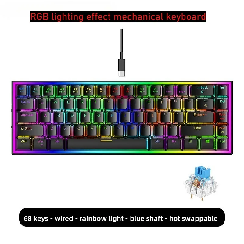 

Игровая клавиатура с RGB-подсветкой Teclado, низкопрофильная механическая клавиатура, проводная зеленая ось, 68-клавишная портативная игровая клавиатура