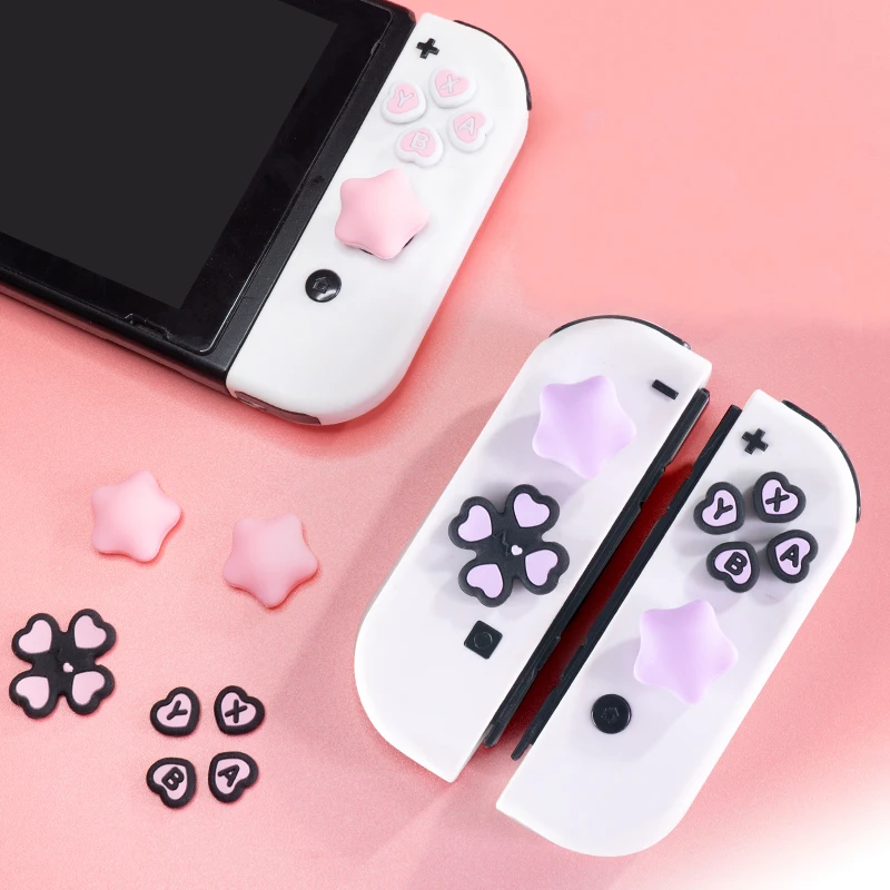 Pink Purple Love Silicone Soft D-pad Cross Button ABXY Key Sticker Skin Case For Switch Oled Joy-con Thumb Stick Grip Cap Cover