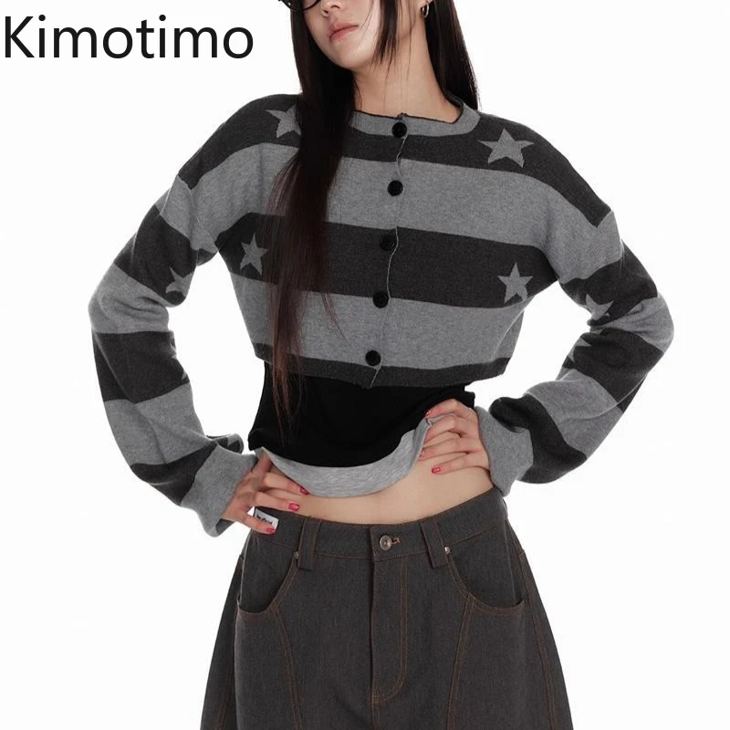 

Kimotimo Vintage Striped Knitted Cardigan Women Harajuku Star Print Crop Tops Autumn Winter Y2k Gothic Long Sleeve Sweater Coat