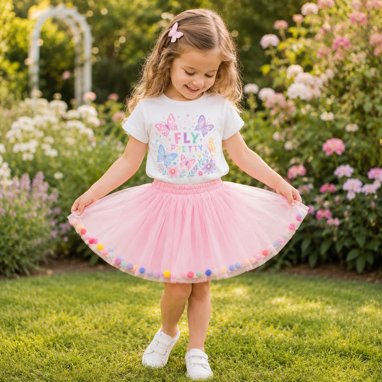 Girls Butterfly T-shirt Rainbow Pom Pom Tutu Skirt 2Pcs Summer Princess Party Outfit