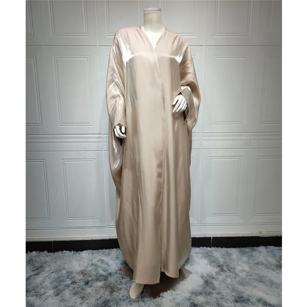 سترة صوفية بأكمام تشبه جناح الخفّاش من الحرير اللامع رداء متواضع مسلم دبي مقاس كبير كيمونو عباية مفتوحة فستان كوربان للعيد امرأة رمضان