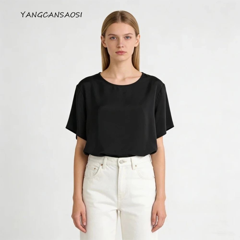 

Летний топ из 100% натурального шелка тутового шелка Crepe De Chine, женская черная футболка с круглым вырезом и короткими рукавами, универсальная блузка в стиле OL