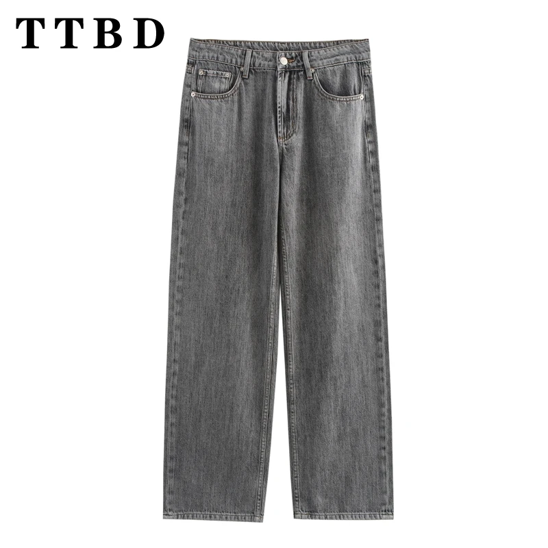 TTBD Woman's 2024 New Autumn Fashion High Waist Loose Fit Button Long Pants Female Casual Solid Color Ruffles Straight Jeans