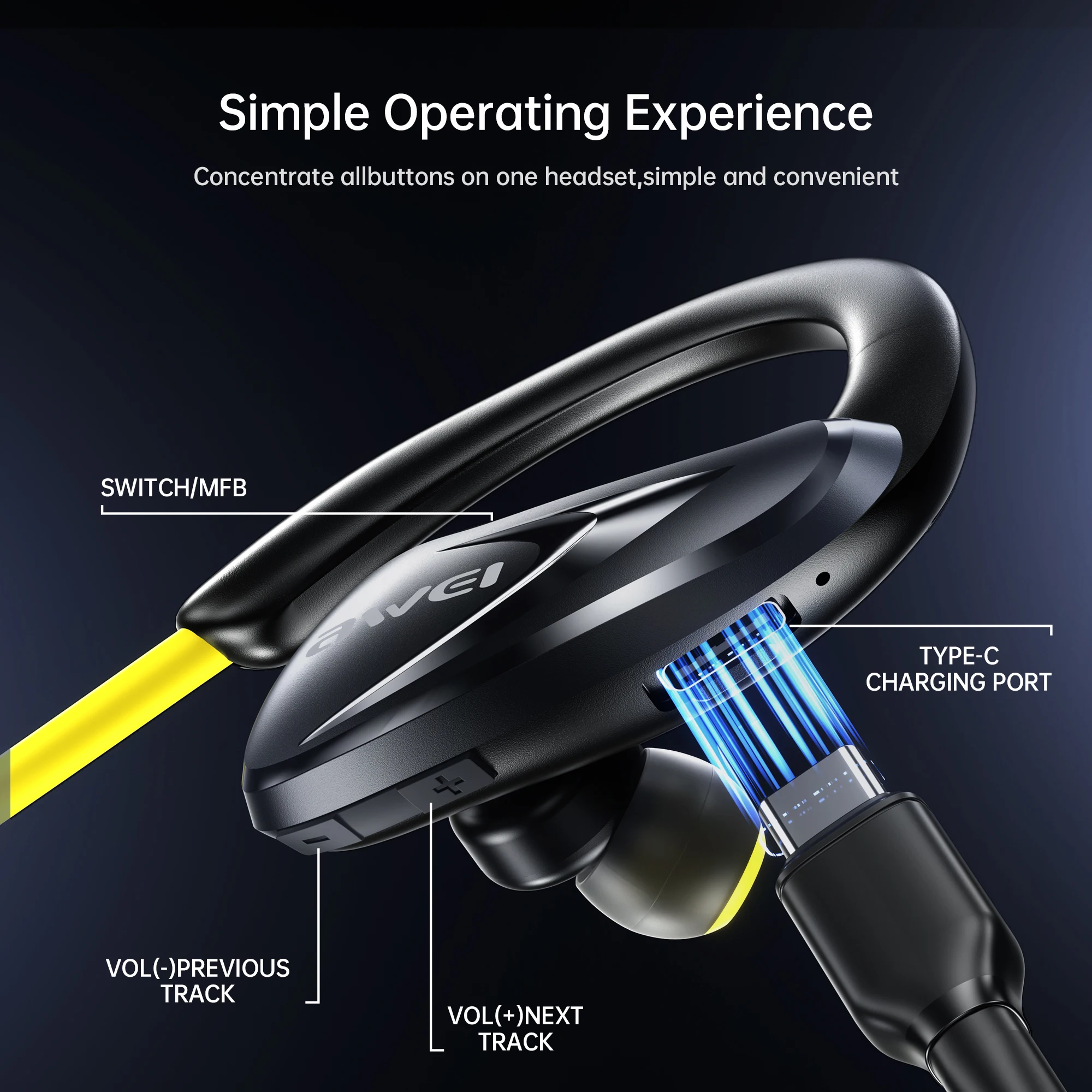 سماعات رأس بلوتوث Awei A880Pro بشريط حول الرقبة، بلوتوث 6.0، IPX4 مقاومة للماء، شحن سريع من النوع C، وقت تشغيل 20 ساعة، شحن IC Protec