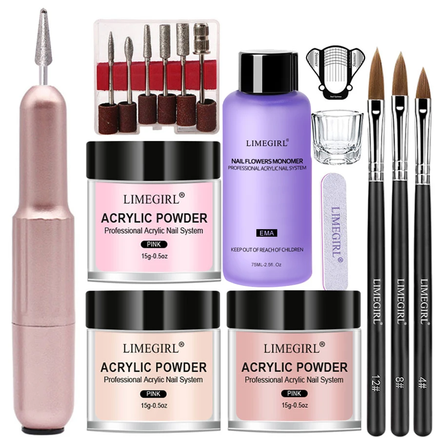 

Acrylic Nail Kit 3Colors Acrylic Powder and 75ML Liquid Set with 3pcs Nails Brushes & Drill Tools for Manicure Salon Art DIY Set