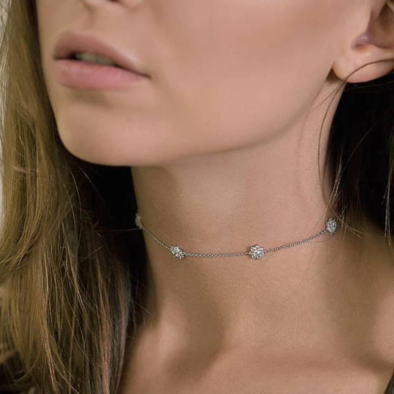 Top Sale Delicate Four Star Lucky Girl Shiny Cz Charm Fine 925 Sterling Silver Choker Chain Necklace For Women Fashion Jewelry