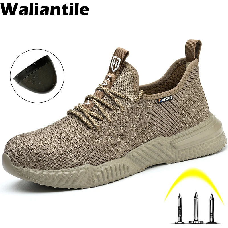 

Waliantile Men Safety Shoes Sneakers For Summer Construction Puncture Proof Working Boots Steel Toe Anti-smash Work Shoes Male