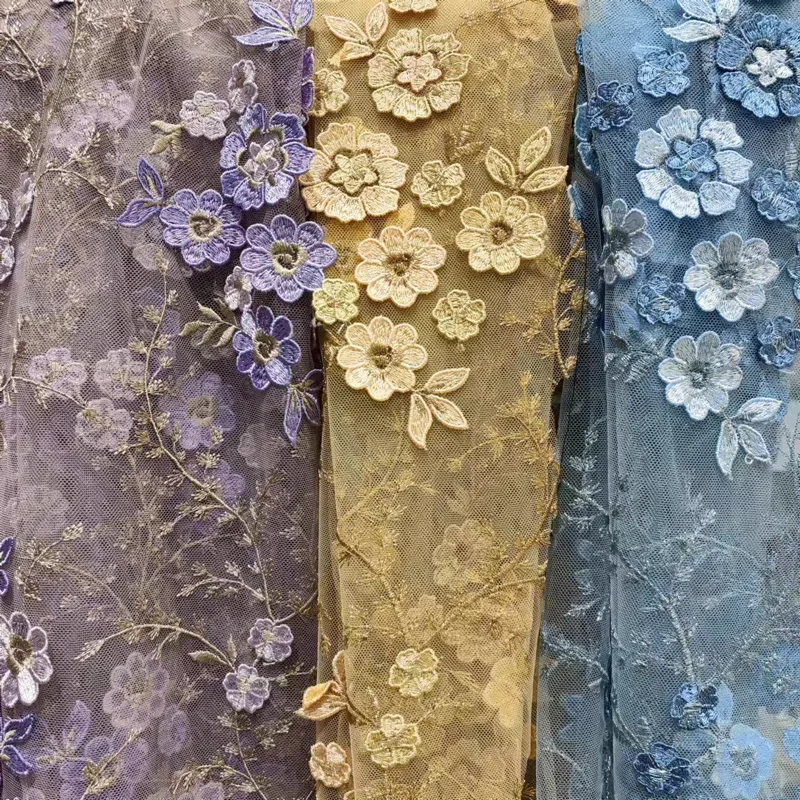 

3 Colours Floral Embroidered Lace Fabric Delicate Embroidery Flowers Wedding Dress Fabric