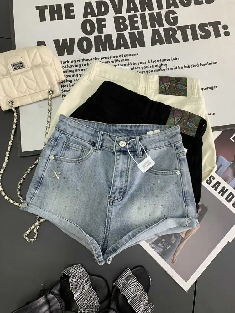 Korean Style Metal Decorated Cuffed Denim Shorts High Waist Wide Leg A-Line Sexy Pants Spring Summer New Arrival Slimming Effect