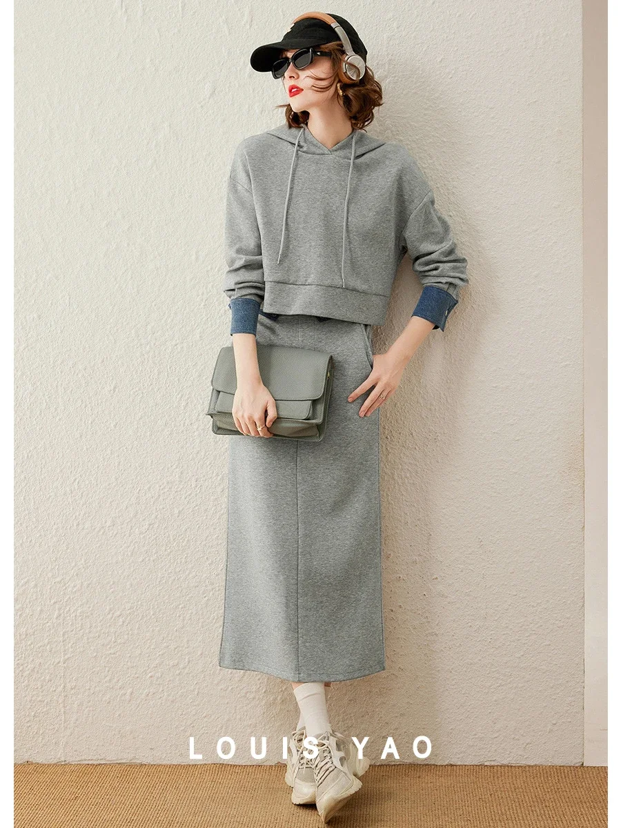 LOUIS YAO Women Hooded Dress 2026Autumn Matching Sets Color-block Spliced Two-piece Set Long Sleeve Sweatshirt+Long Dress Skirt