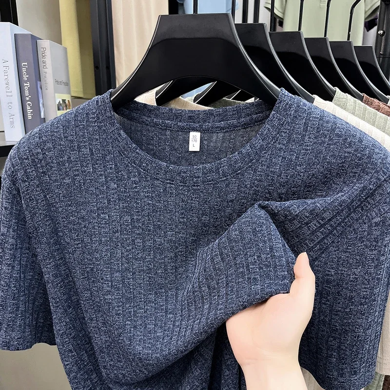 Herren Atmungsaktives Strick-T-Shirt Kurzarm O-Ausschnitt Gerippter Streifenstoff Bequemes Leichtes Alltags-Oberteil Weich
