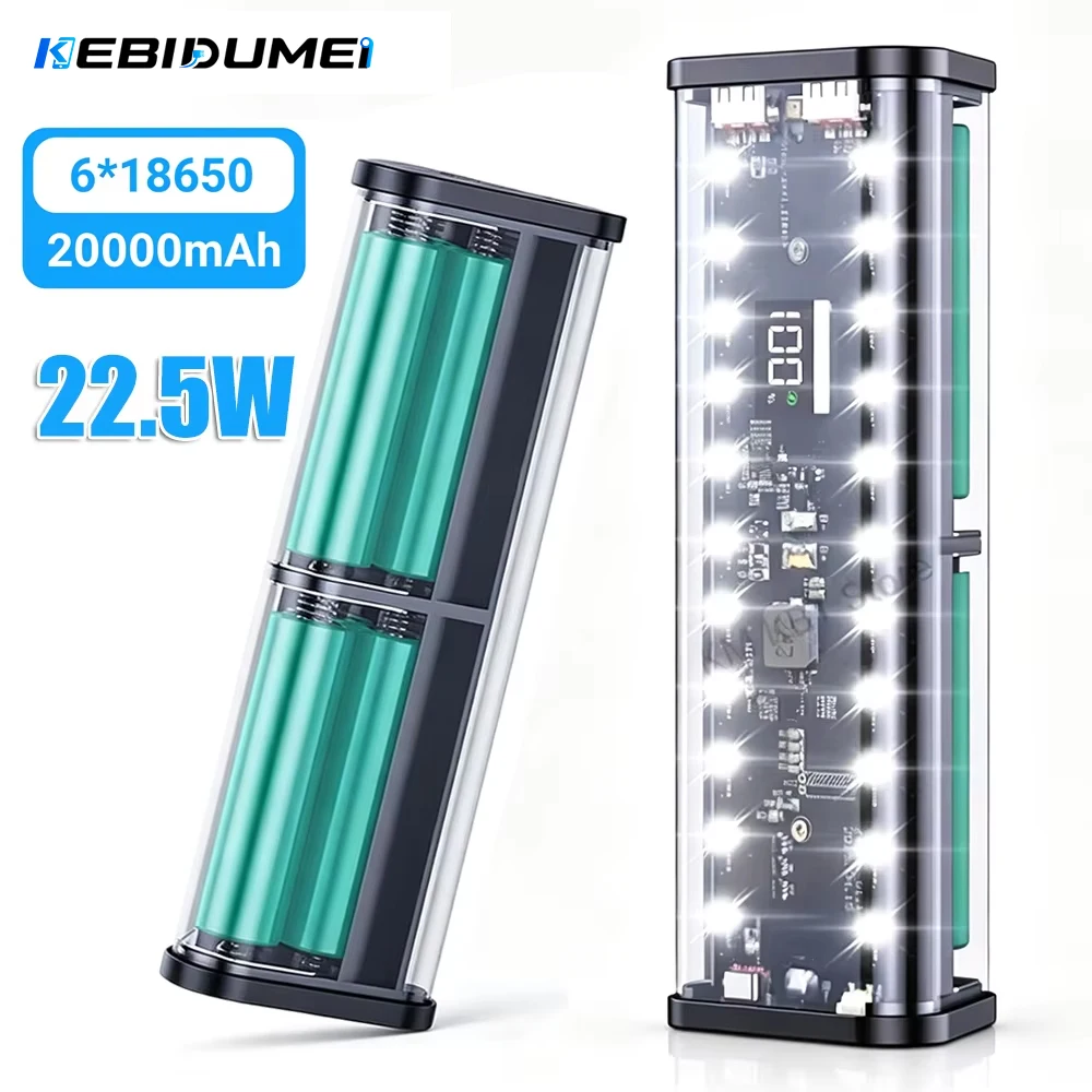 KEBIDUMEI 6x18650 Power Bank Case 22.5W Fast Charging LED Screen Transparent Battery Storage Box Case for Smart Phones