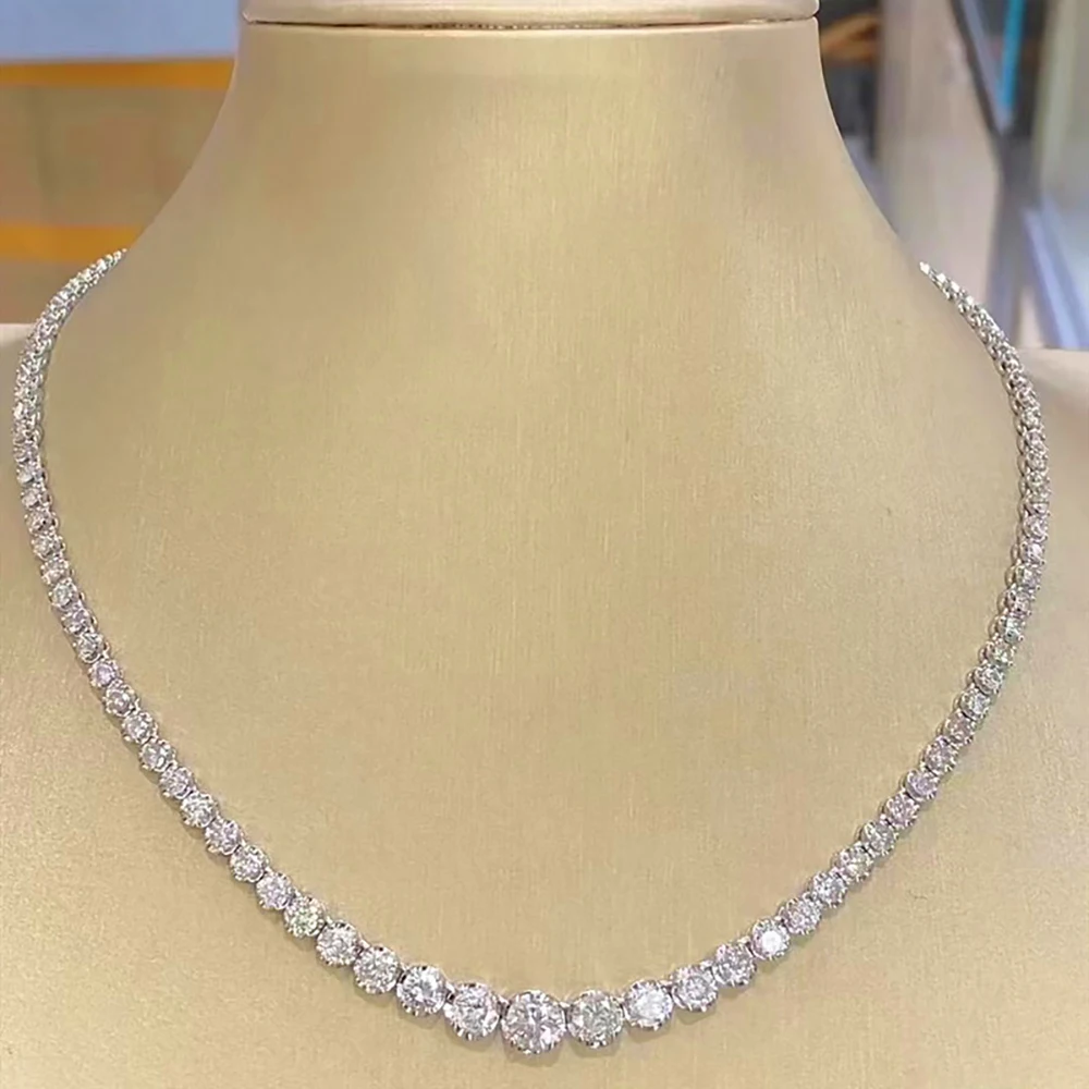 Women S925 Sterling Silver Anti-allergy Gradient Riviera Choker Tennis Necklace 3-5mm Round D Color VVS1 Moissanite Pass Diamond Tester With GRA Certificate Never Fade Luxury Bridal Wedding Daily Fine Jewelry Valentine Birthday Gift For Her