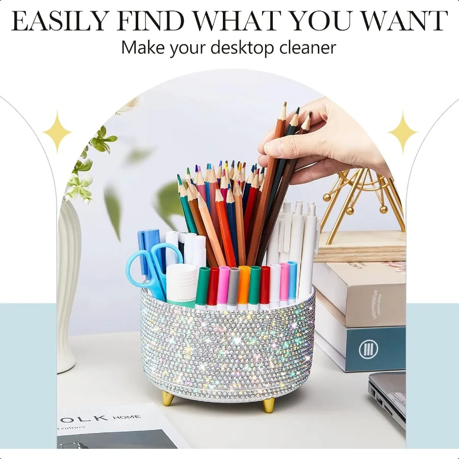 منظم مكتب فضي بلينغ لإكسسوارات المكتب للنساء والفتيات هدية عيد ميلاد الأم وحامل قلم بلينغ وحجر الراين للمكياج Br