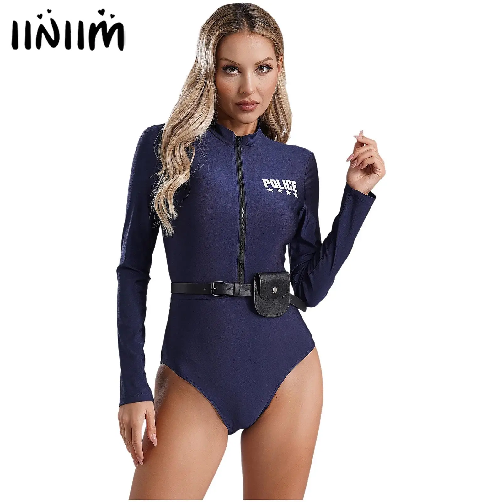 

Womens Dirty Cop Officer Drillmaster Policewomen Uniforms Police Cosplay Instructor Jumpsuit Bodysuit with Belt Purse Dress Up