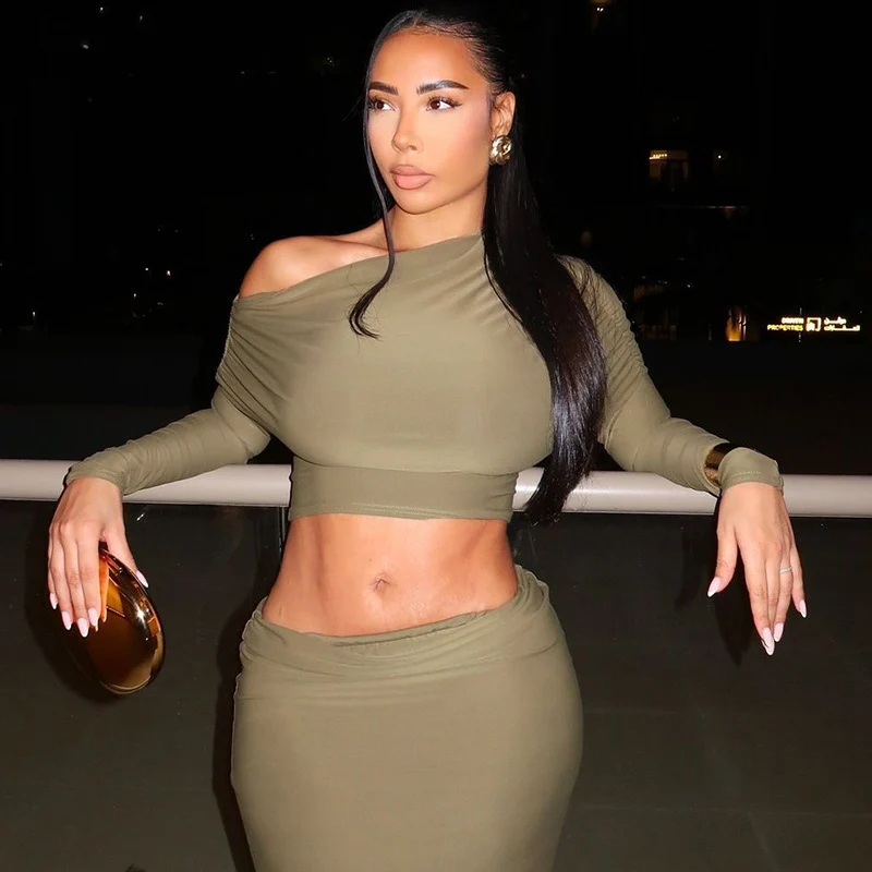 Conjuntos de vestido largo fruncido de noche de fiesta sexy para mujer, conjunto de dos piezas, trajes de Club Rave, Top corto con cuello oblicuo + falda larga, conjuntos a juego