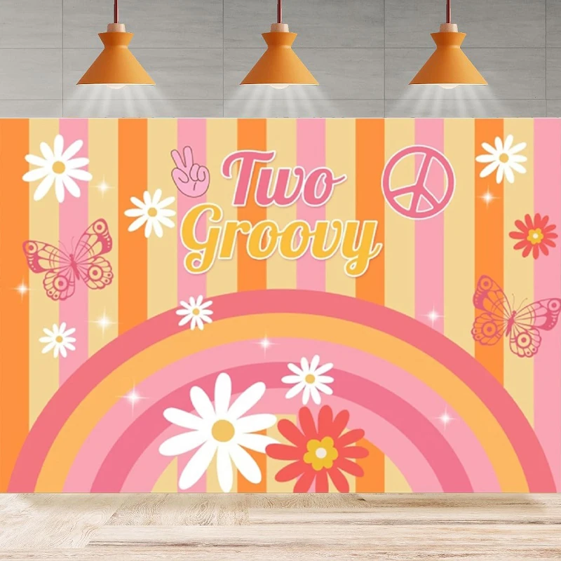 Photography Backdrop Groovy Two Happy 2nd Birthday 2 Years Old Boho Daisy Flower Baby Shower Background Home Party Backdrop Wall