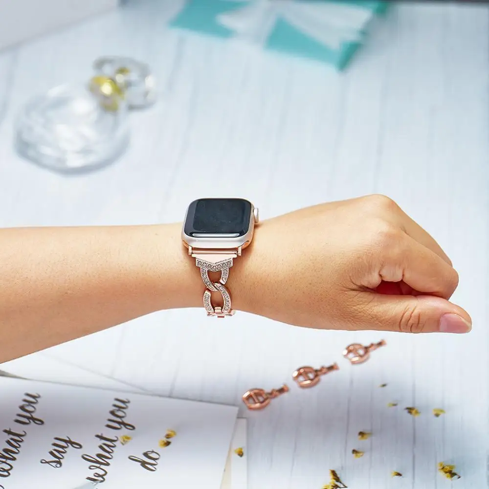 حزام معدني فاخر من الفولاذ المقاوم للصدأ لساعة أبل 38 46 42 40 44 41 45 49 مللي متر حزام الماس لسلسلة iwatch 10 9 8 7 SE 6 5