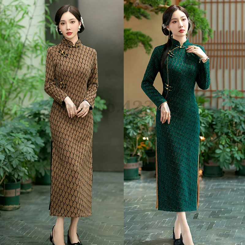 

Autumn Winter Long Sleeves Traditional Chinese Dress Classic Check Print Vestidos Vintage Elegant Cheongsam Classic Qipao