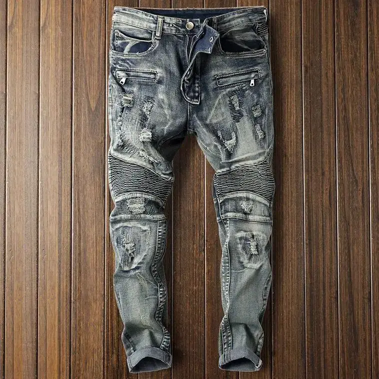 Autumn Hip Hop Men Stretch Slim Jean Designer Jean Retro Locomotive Men Motorcycle Patchwork Fashion Brand Denim High Street