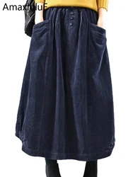Amax luluE Women New Fashion Vintage Elegant Corduroy Design Skirts 2024 Spring British Style Elastic Casual Clothes Solid Skirt