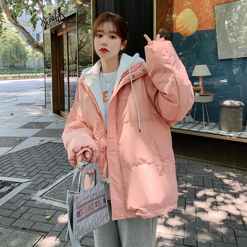 2025 Winter Down Cotton Jacket Women's New Thickened Korean Edition Fake Two Piece Loose Hooded Coat Cotton Coat Cotton Coat