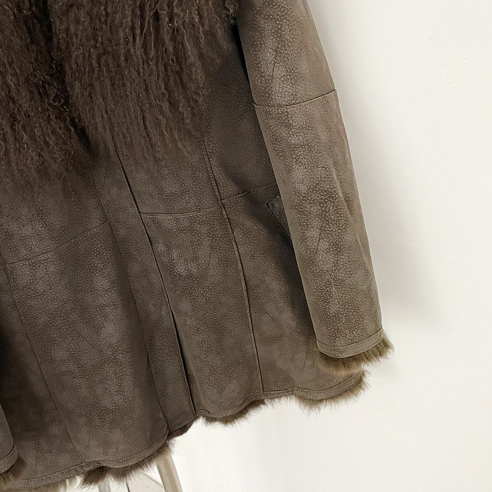 リアルファー ジャケット 女性用 スエード 秋冬 本物のモンゴル羊毛襟 ファーコート レディース ラビットファー裏地 長袖 ファートリム