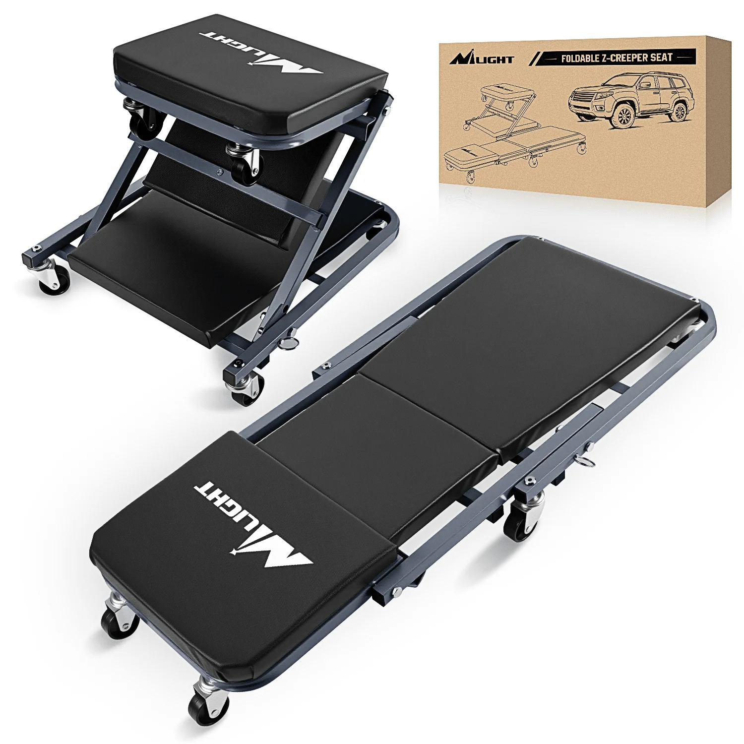 Asiento de mecánico plegable 2 en 1 de 36 pulgadas, asiento rodante ajustable para taller con ruedas, taburete de reparación reclinable, capacidad de 300 libras, gris/negro