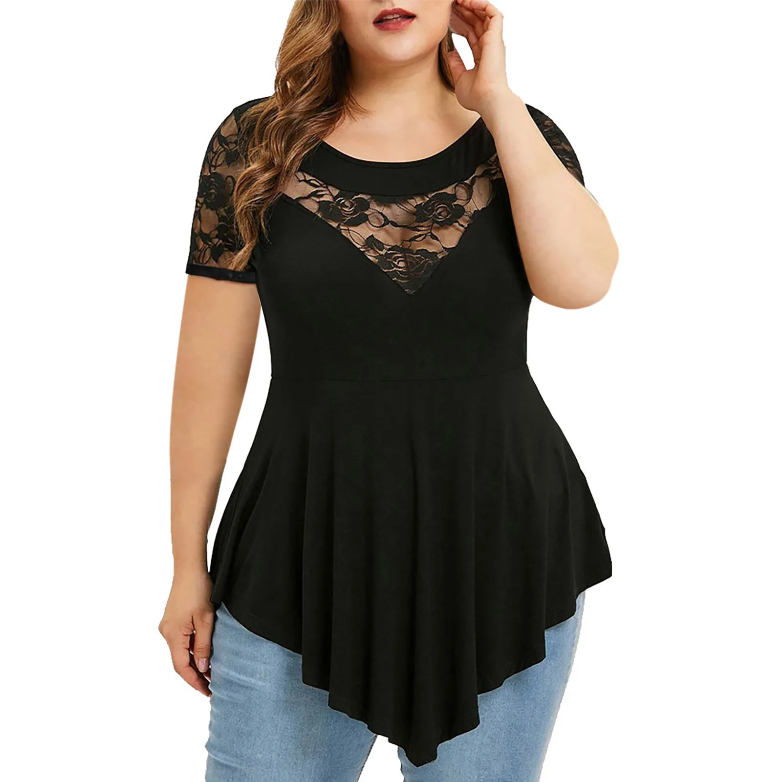 New Plus Size Women's Large Flower Lace Short Sleeve Hollowed Out Sexy Irregular Hem Round Neck Women Top T-shirt Pullover