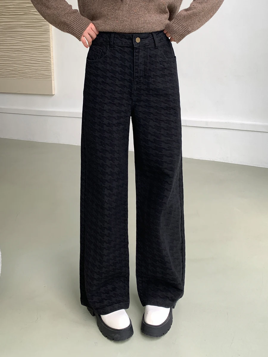 

Джинсы большого размера в американском стиле ретро с высокой талией и ромбовидным узором, женские многослойные прямые брюки