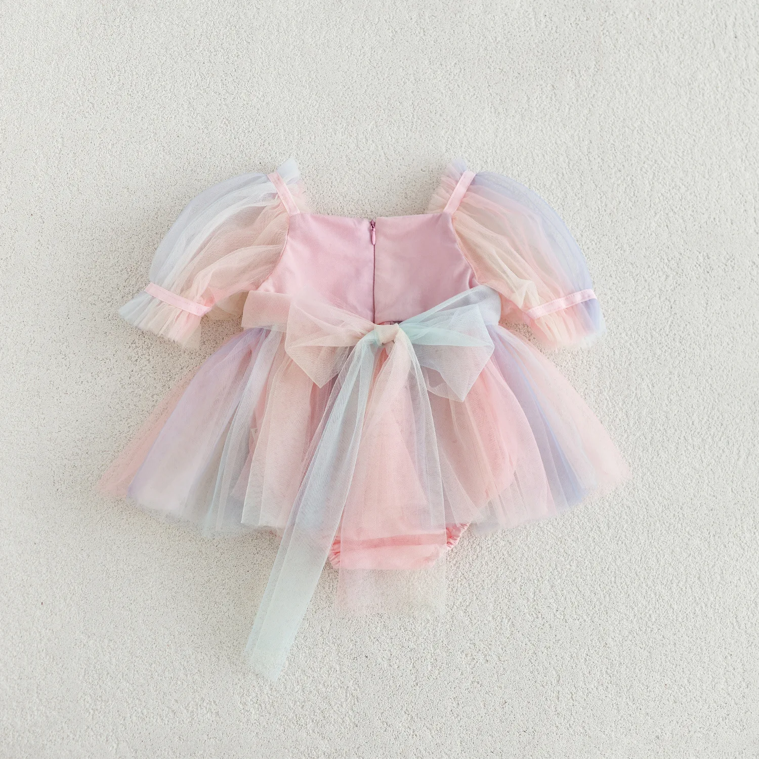 0-2 Y Baby Girls Summer Clothes Sweet Rainbow Mesh Dress for Girls Square Neck Puff Sleeve Princess Dress Toddler One Piece