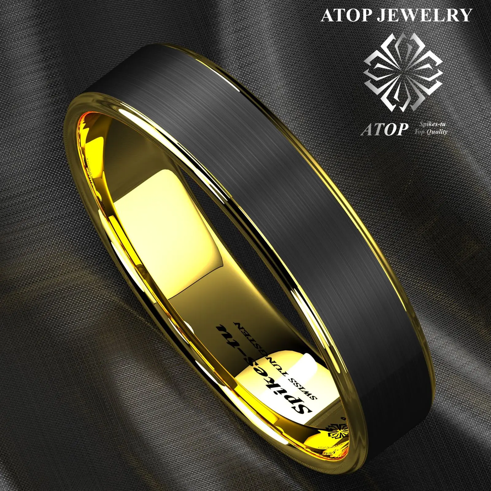 

6mm Tungsten Ring Black Brushed Gold Stripe Wedding Band ATOP Men's Jewelry