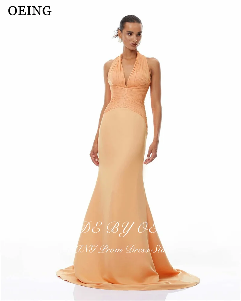 OEING-vestidos de noche elegantes de sirena, vestidos formales hasta el suelo con pliegues y cuello en V, vestidos formales de Gala personalizados