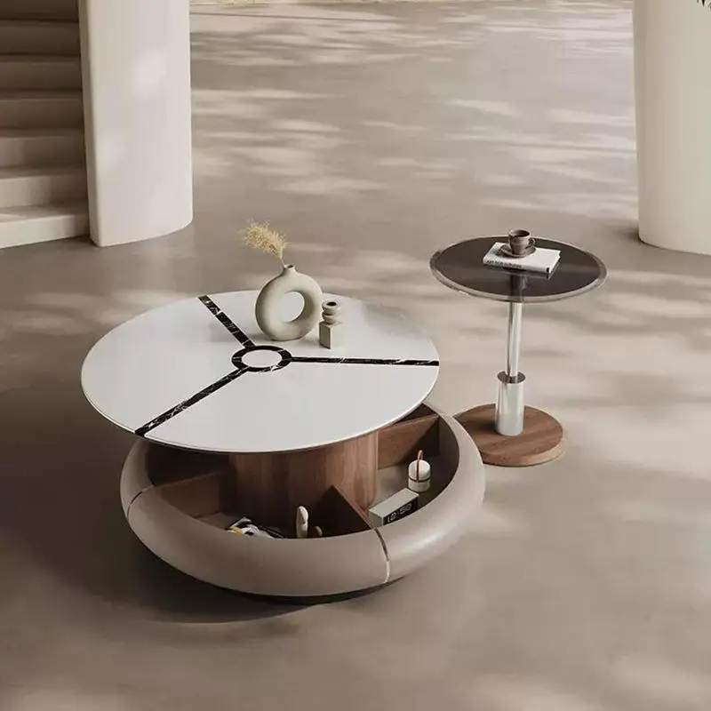 Stone small apartment round coffee table combination cream wind simple multi-functional extension