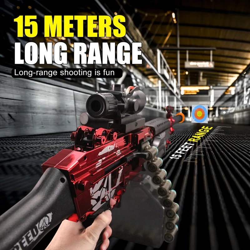 M249 Pistola de juguete eléctrica azul y roja con modos de disparo eléctricos y manuales duales, 60-70FPS y alcance de disparo de 15 m