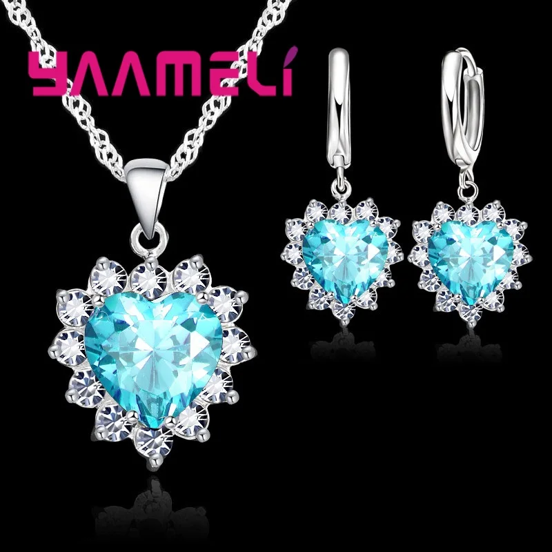 Discount Price Women Jewelry Sets Genuine 925 Sterling Silver Shiny CZ Romantic Heart Pendant Necklace Earrings Wholesale