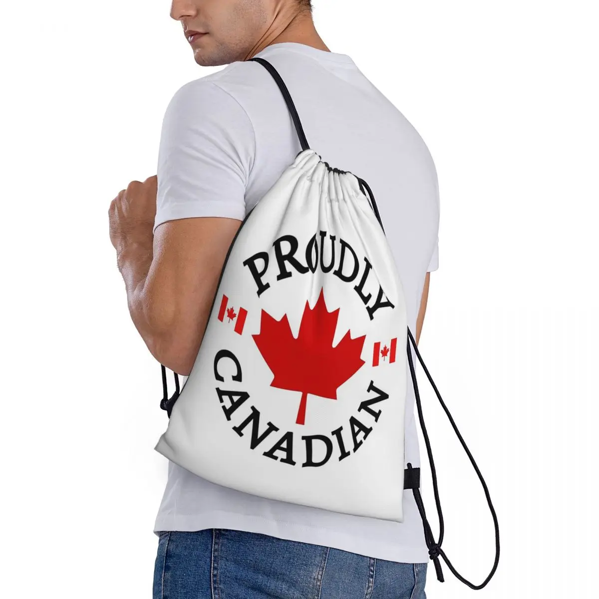 

Proudly Canadian With Maple Leaf And Flag Canada Backpacks Casual Drawstring Bundle Pocket Sports Bag Book Bags Travel Students